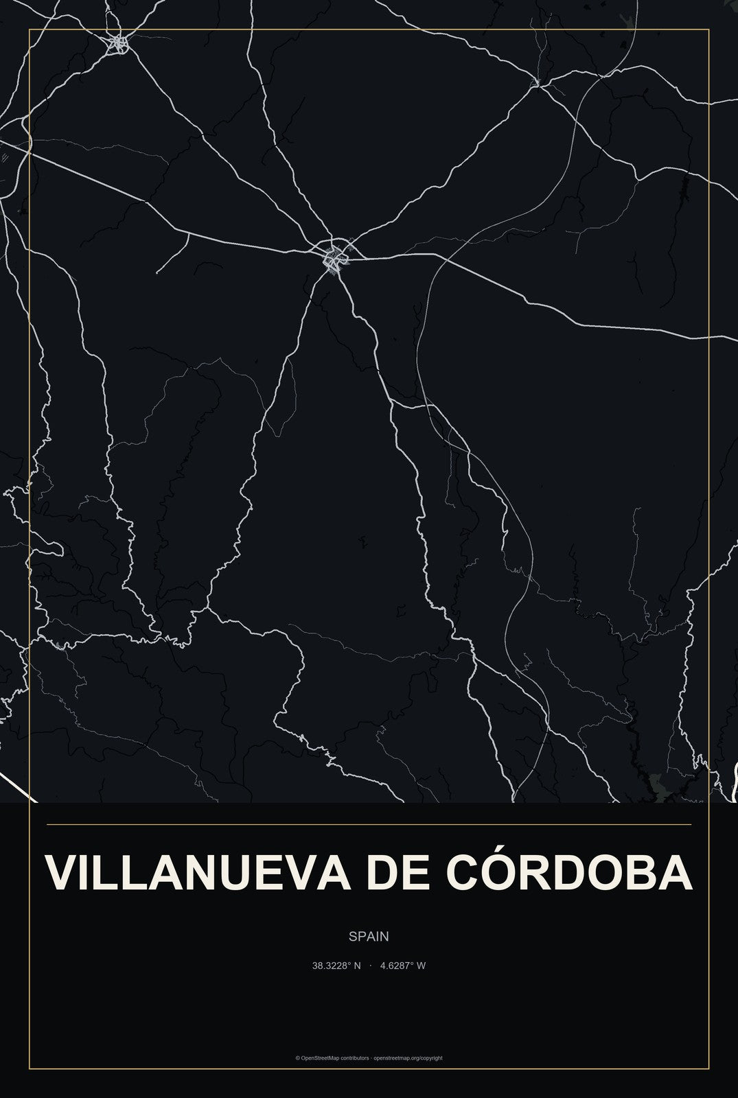 Villanueva de Córdoba, Spain City Map Aluminum Sign in Metropolitan Noir style