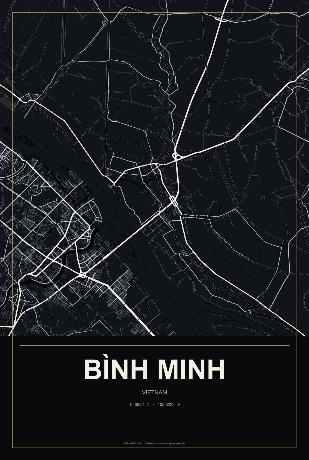 Bình Minh, Vietnam City Map Aluminum Sign in Metropolitan Noir style