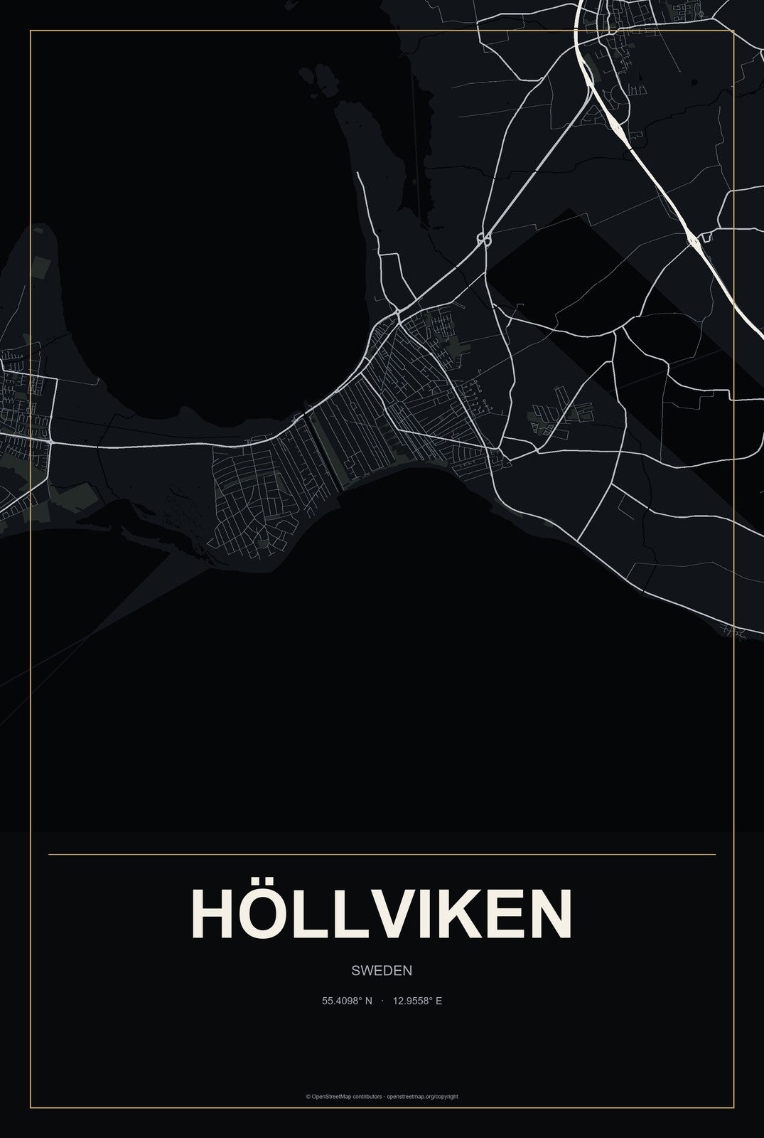Höllviken, Sweden City Map Aluminum Sign in Metropolitan Noir style