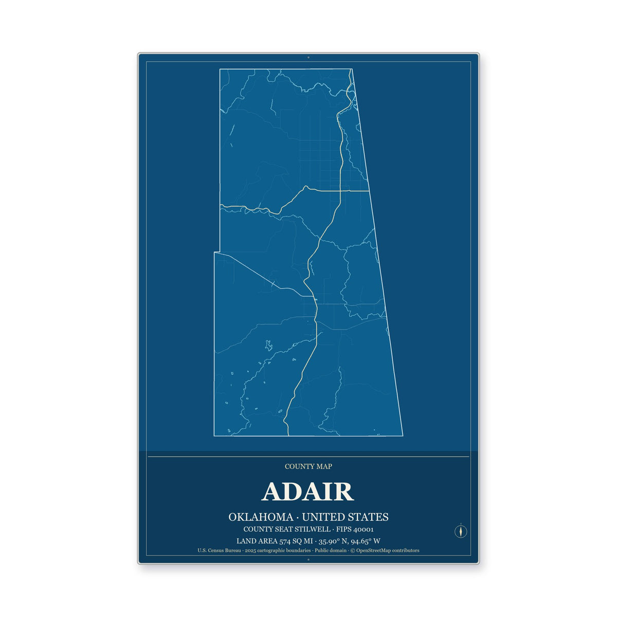 Adair County, Oklahoma Map Aluminum Sign in Harbor Cobalt style