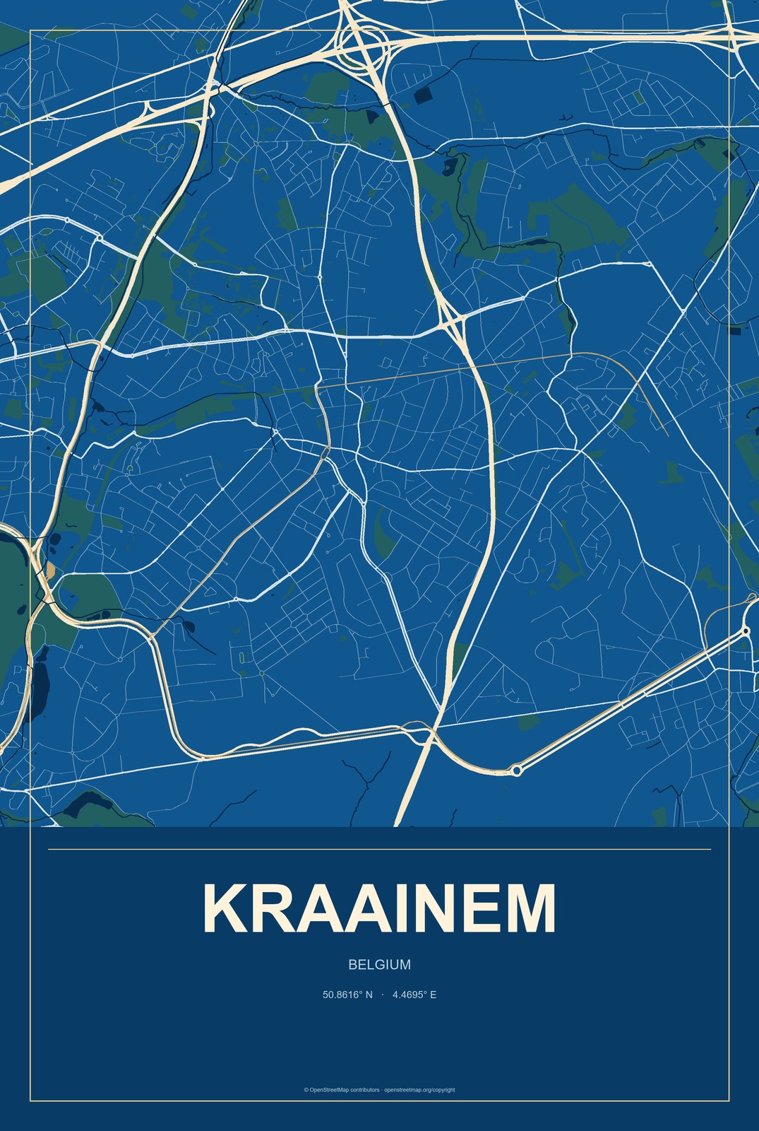 Kraainem, Belgium City Map Aluminum Sign in Harbor Cobalt style