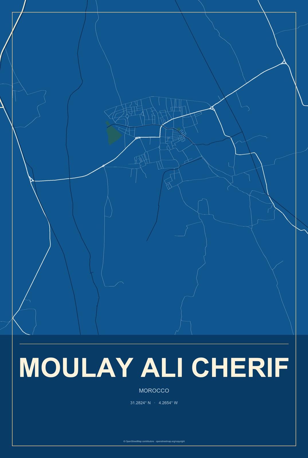 Moulay Ali Cherif, Morocco City Map Aluminum Sign in Harbor Cobalt style