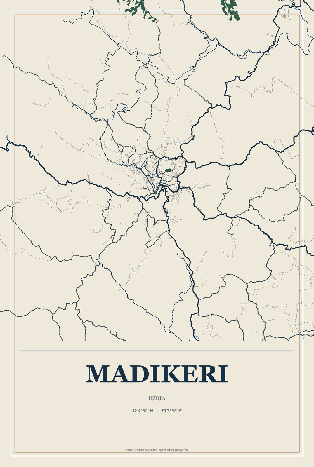 Madikeri, India City Map Aluminum Sign in Coastal Cutout style