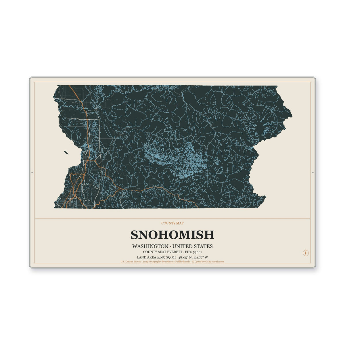 Snohomish County, Washington Map Aluminum Sign in Headline Atlas style