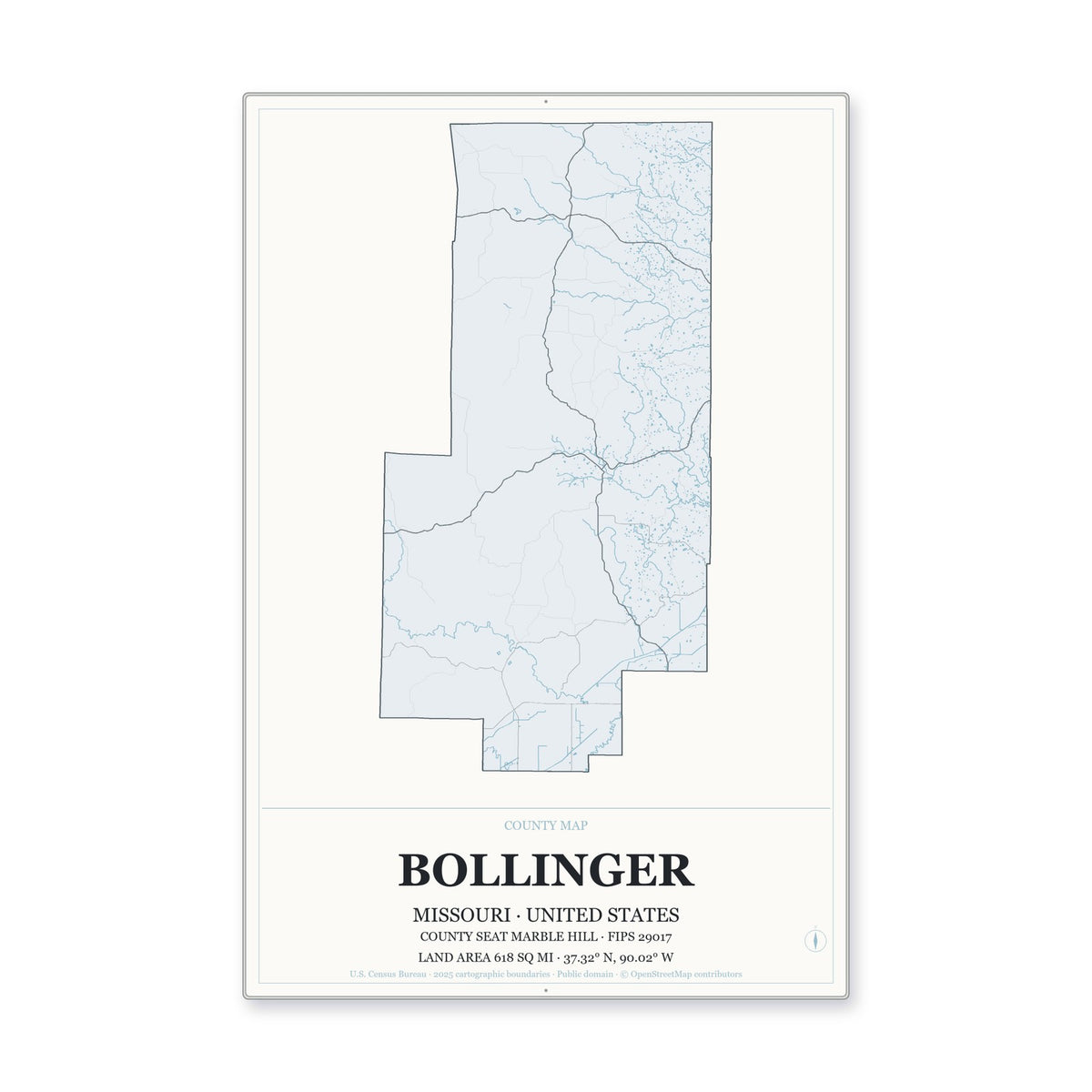 Bollinger County, Missouri Map Aluminum Sign in Gallery Air style