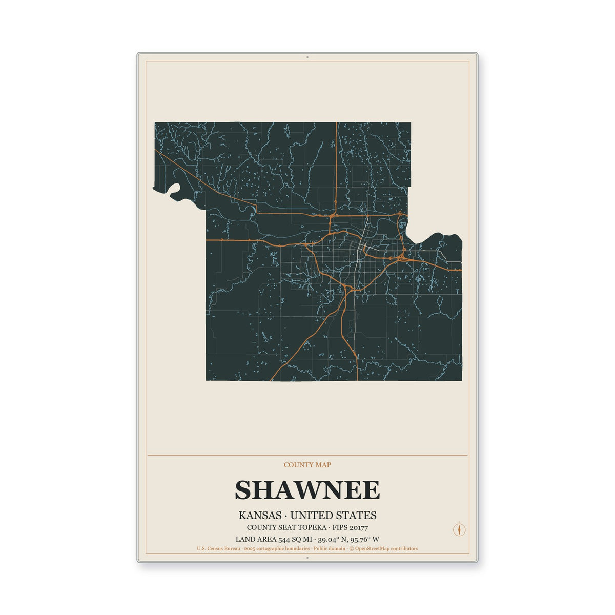 Shawnee County, Kansas Map Aluminum Sign in Headline Atlas style