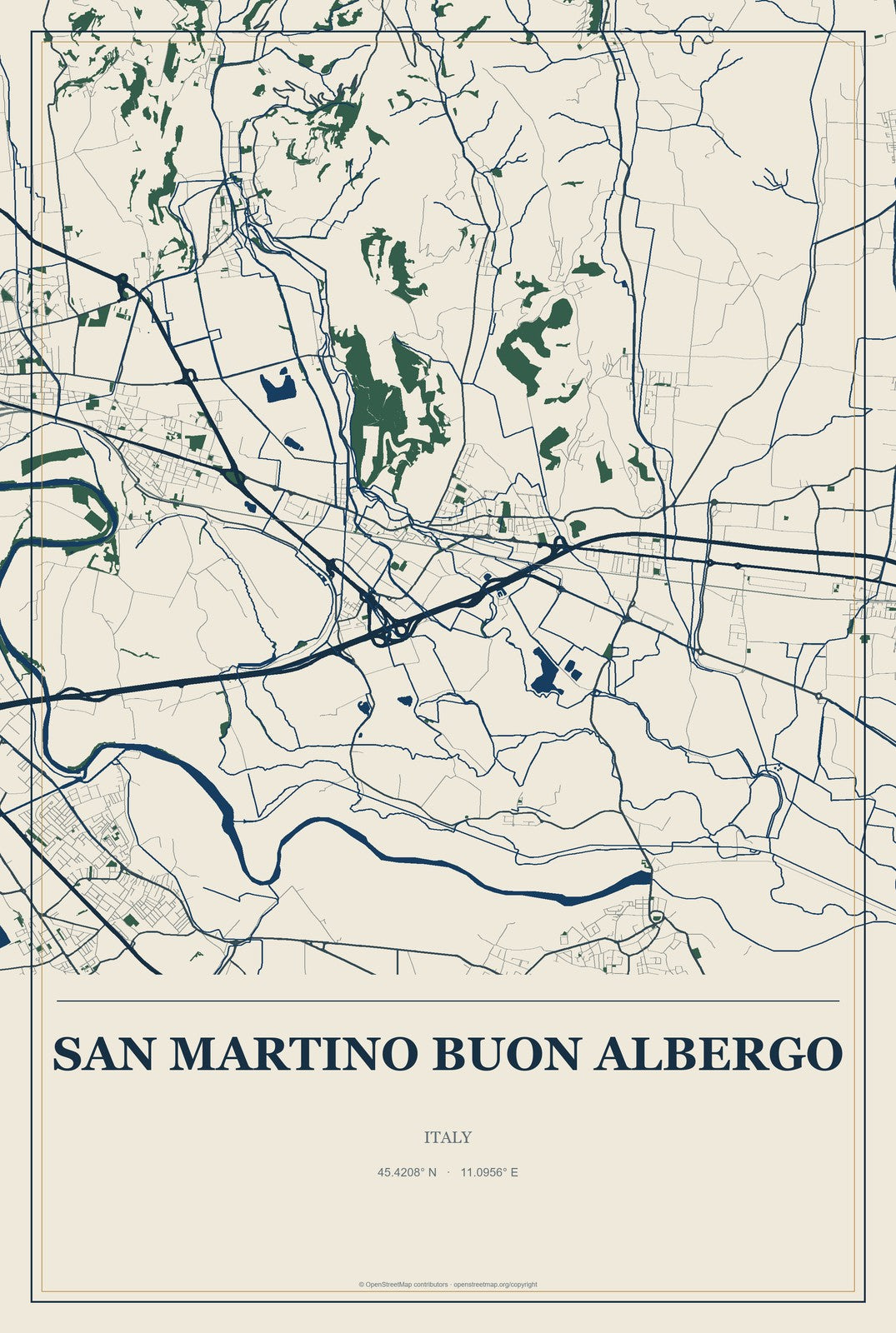 San Martino Buon Albergo, Italy City Map Aluminum Sign in Coastal Cutout style