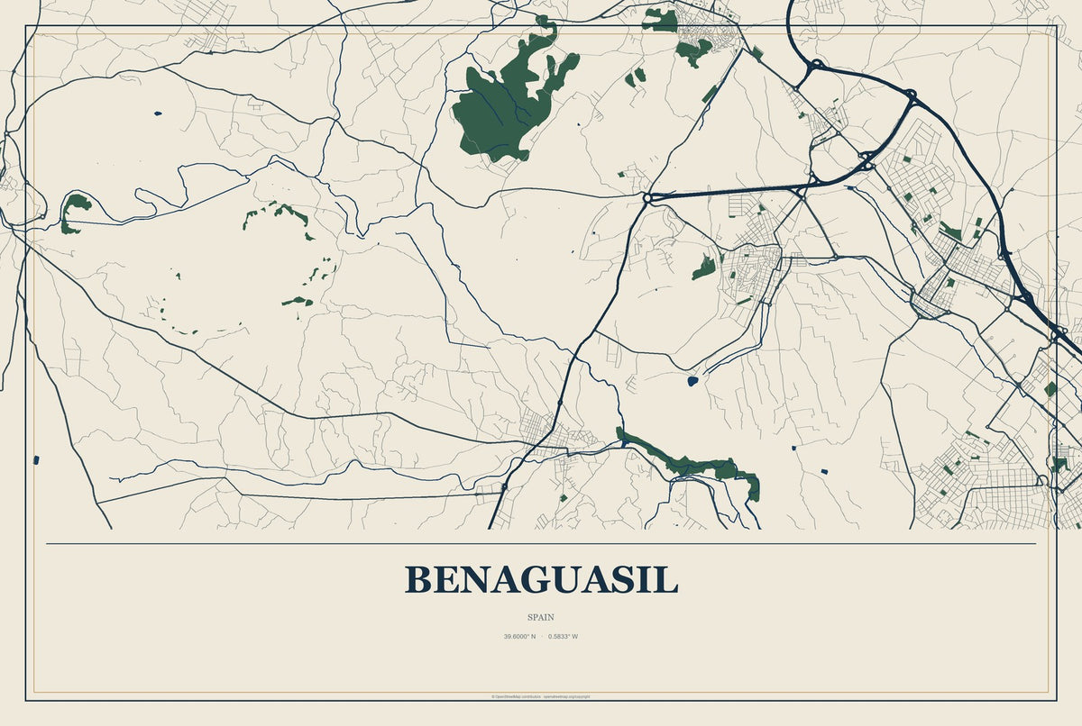 Benaguasil, Spain City Map Aluminum Sign in Coastal Cutout style