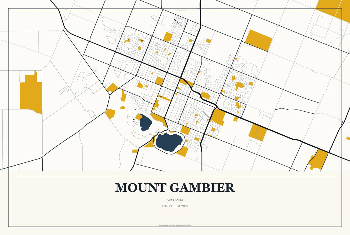 Mount Gambier, Australia City Map Aluminum Sign in Citrine Modern style