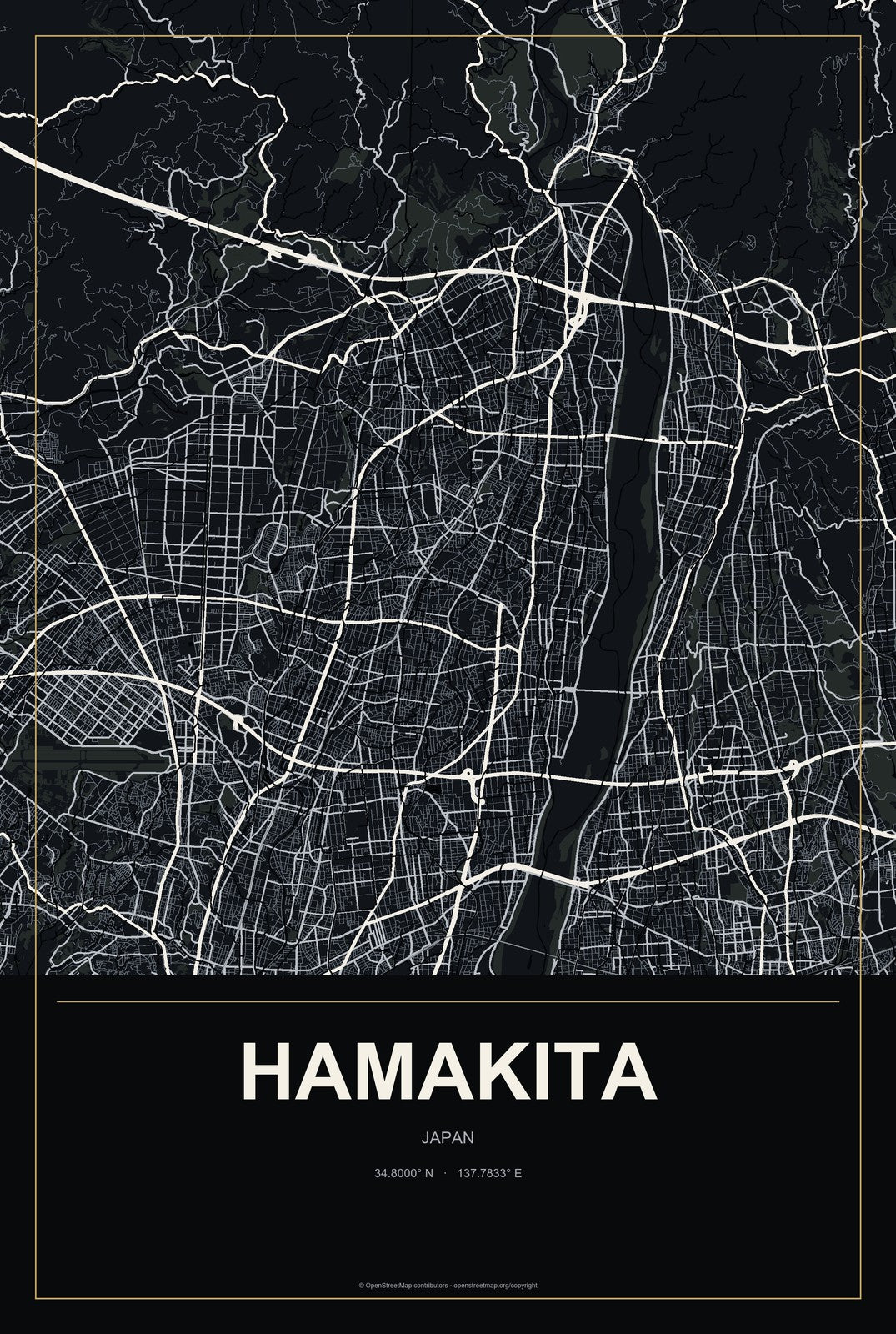 Hamakita, Japan City Map Aluminum Sign in Metropolitan Noir style