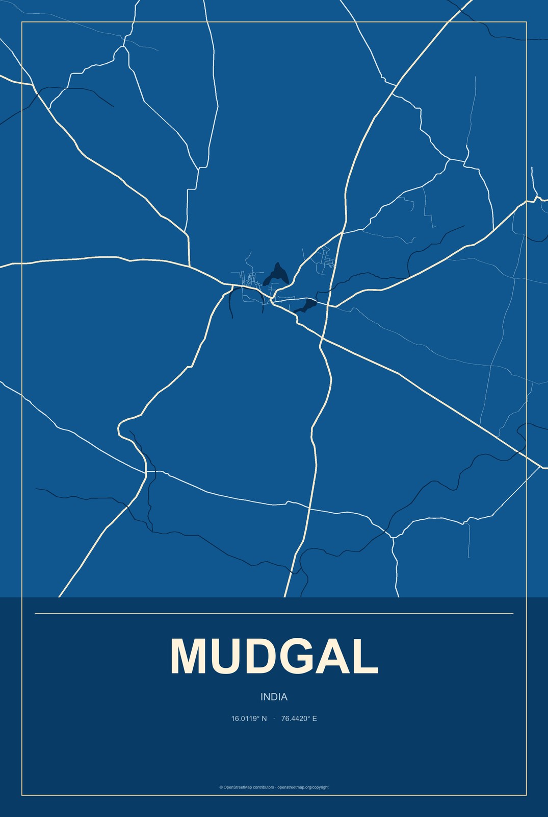 Mudgal, India City Map Aluminum Sign in Harbor Cobalt style