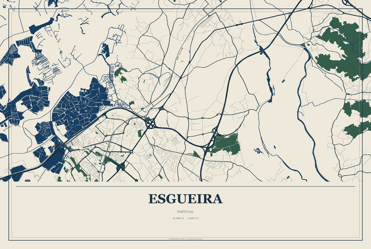Esgueira, Portugal City Map Aluminum Sign in Coastal Cutout style