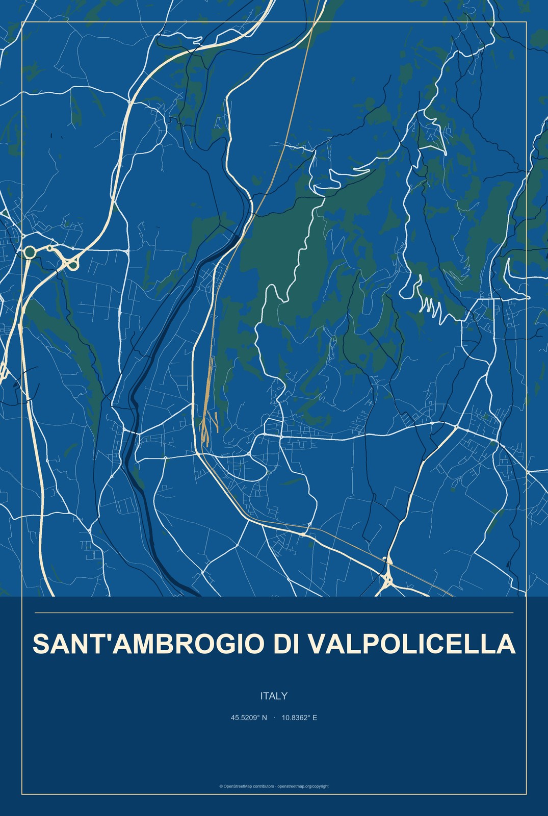 Sant'Ambrogio di Valpolicella, Italy City Map Aluminum Sign in Harbor Cobalt style
