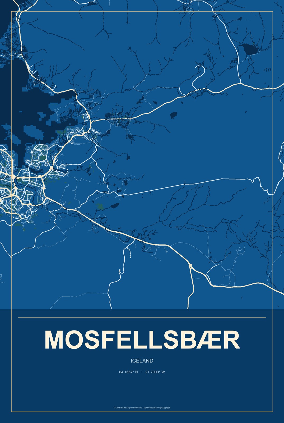 Mosfellsbær, Iceland City Map Aluminum Sign in Harbor Cobalt style