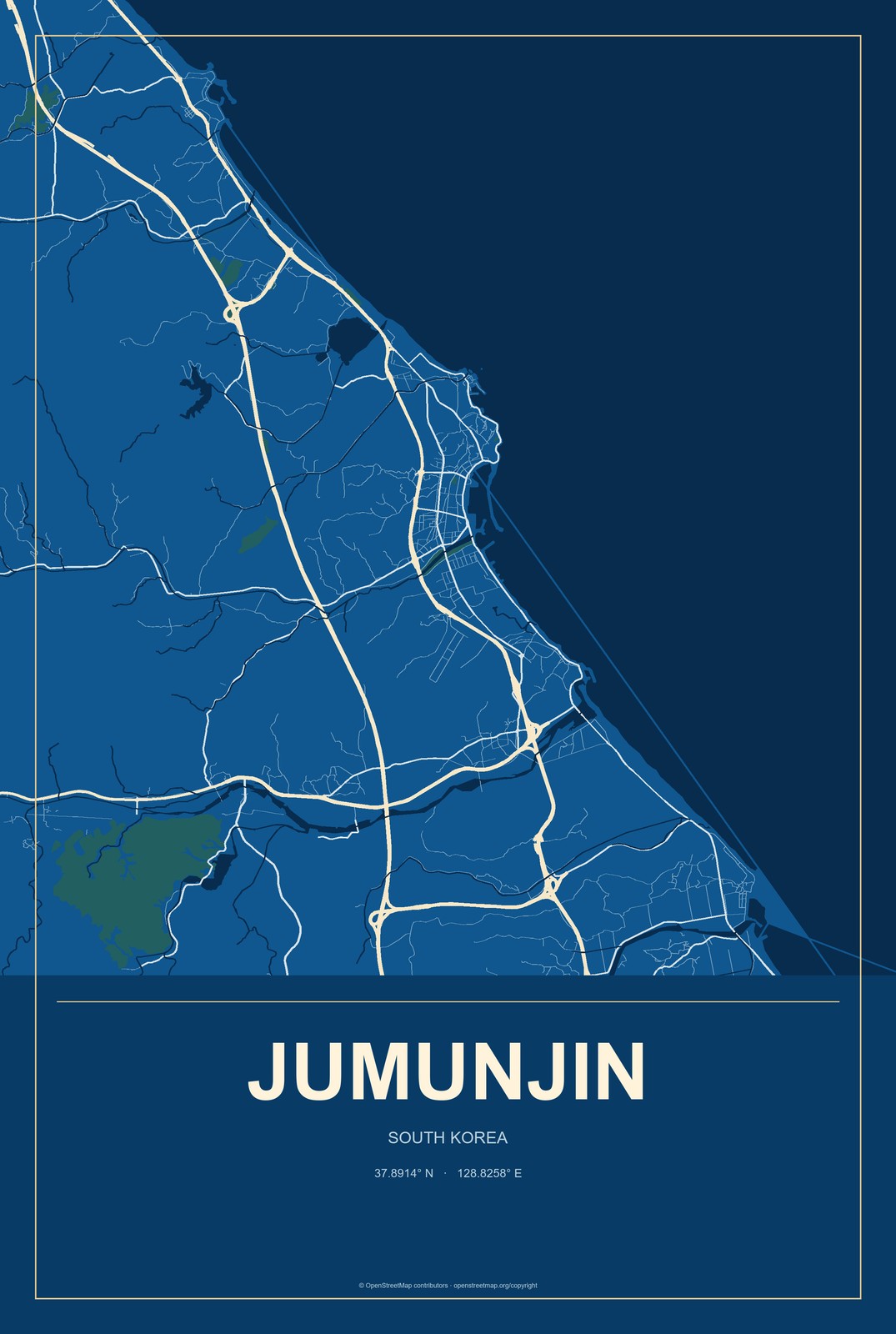 Jumunjin, South Korea City Map Aluminum Sign in Harbor Cobalt style