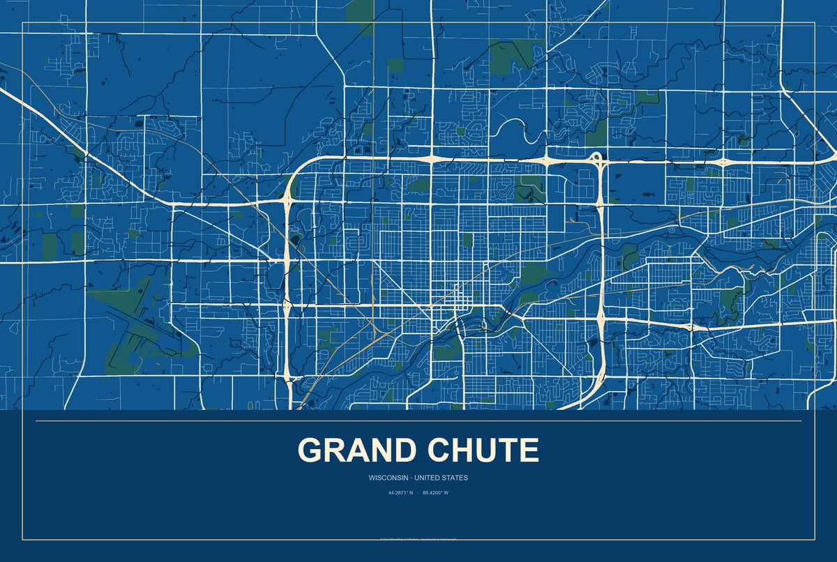 Grand Chute, Wisconsin City Map Aluminum Sign in Harbor Cobalt style