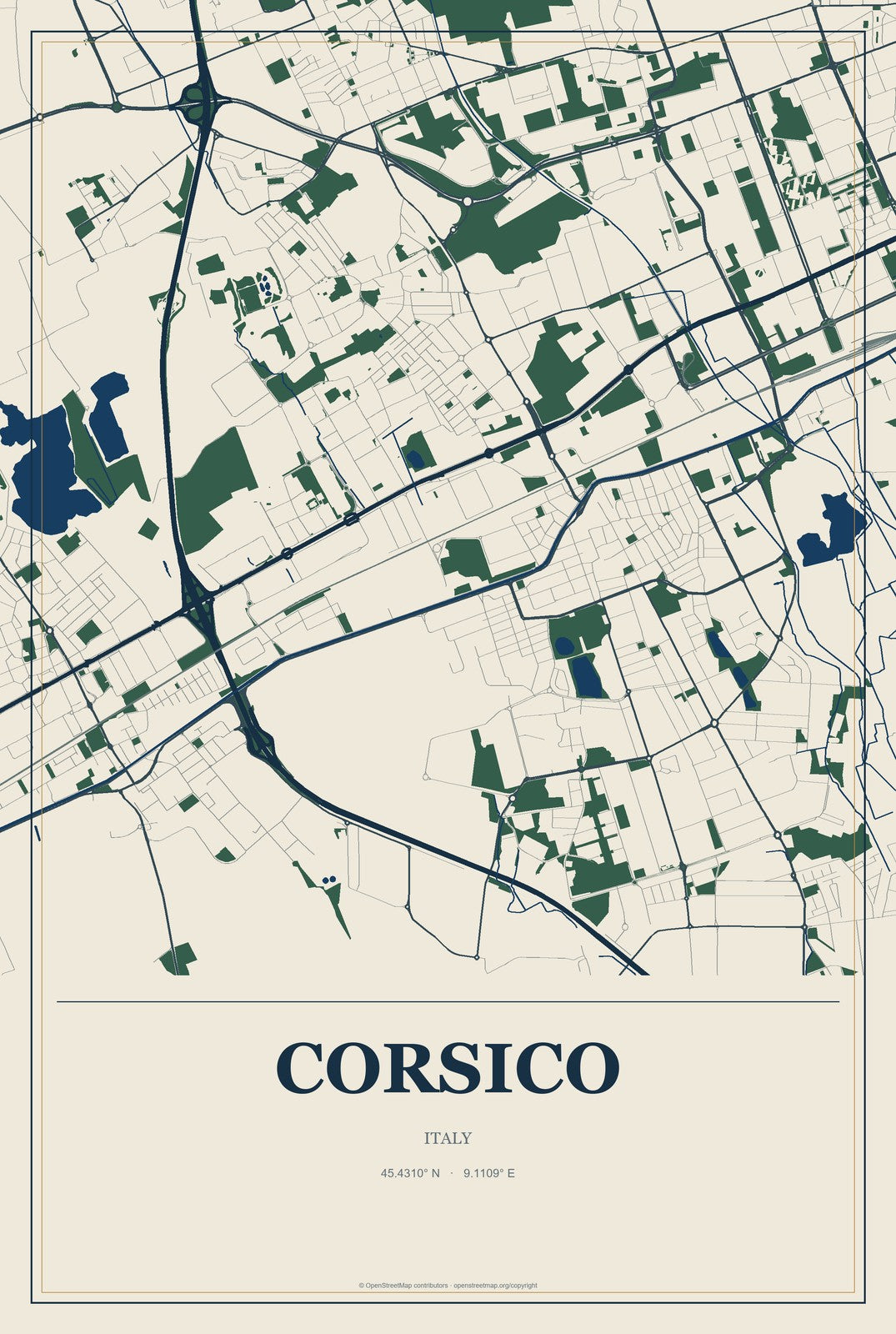 Corsico, Italy City Map Aluminum Sign in Coastal Cutout style