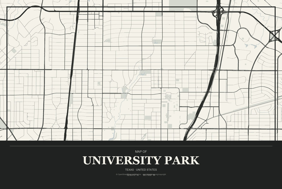 University Park, Texas City Map Aluminum Sign in Museum Plaque style