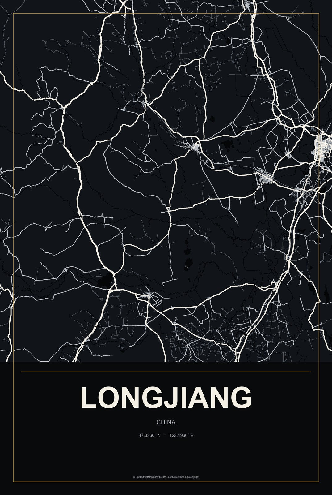 Longjiang, China City Map Aluminum Sign in Metropolitan Noir style