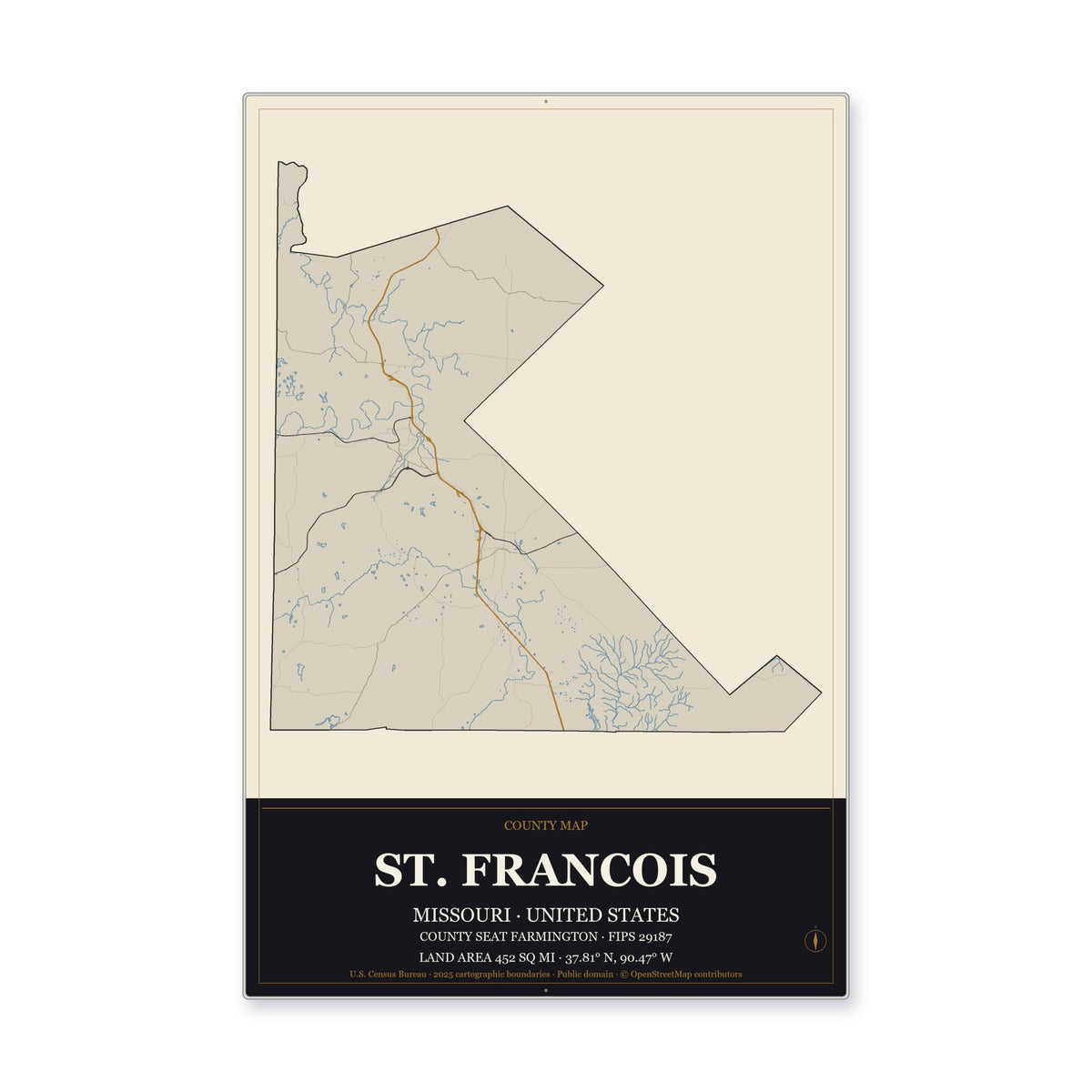 St. Francois County, Missouri Map Aluminum Sign in Museum Plaque style