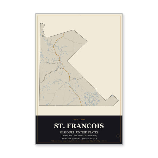 St. Francois County, Missouri Map Aluminum Sign in Museum Plaque style