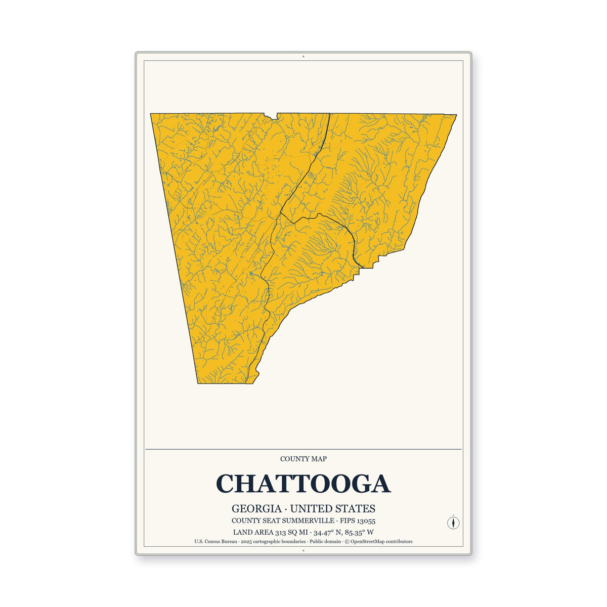 Chattooga County, Georgia Map Aluminum Sign in Citrine Modern style