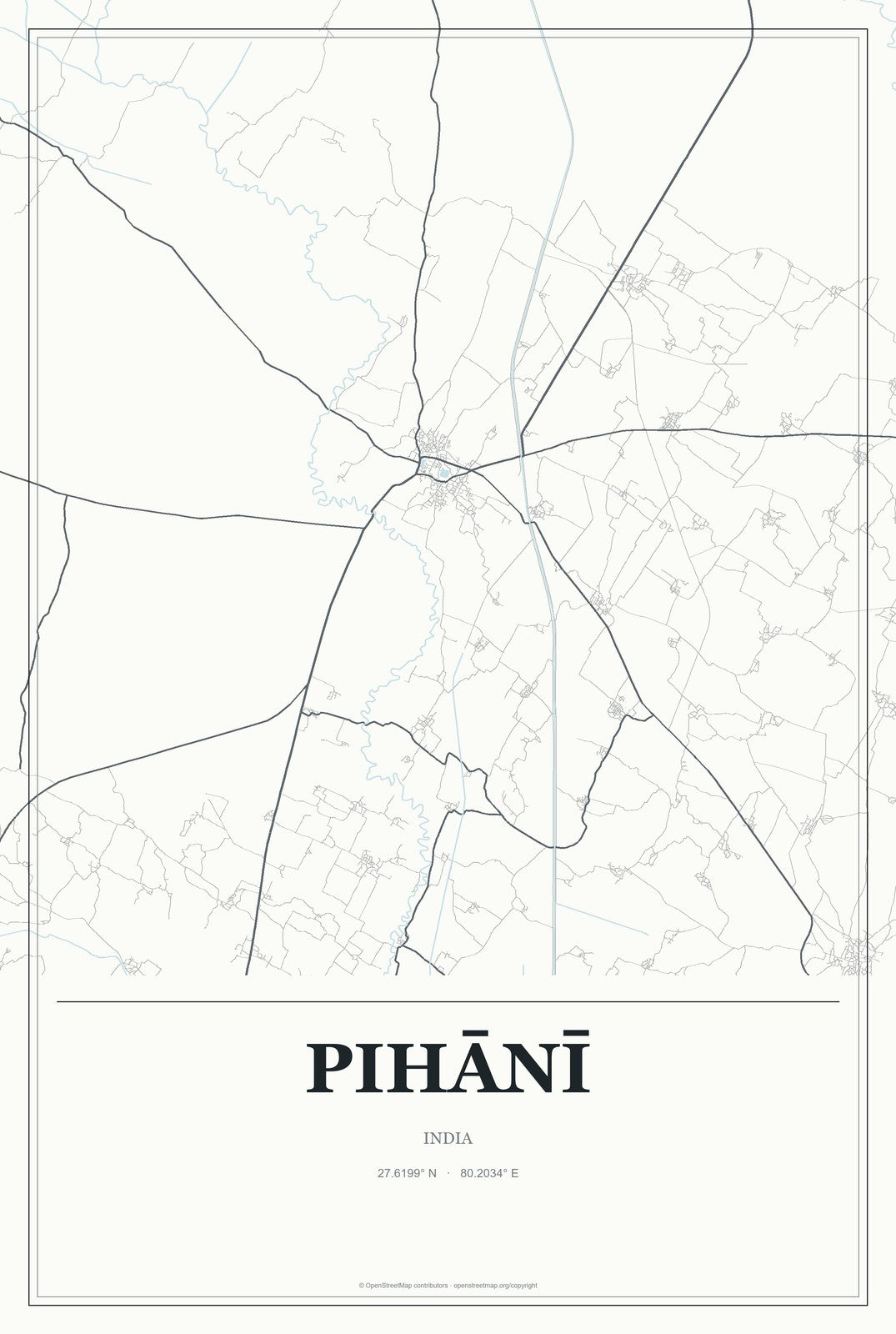 Pihānī, India City Map Aluminum Sign in Gallery Air style