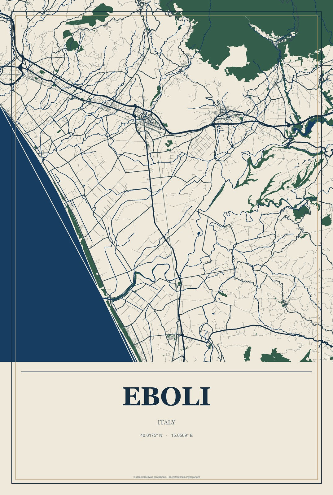 Eboli, Italy City Map Aluminum Sign in Coastal Cutout style