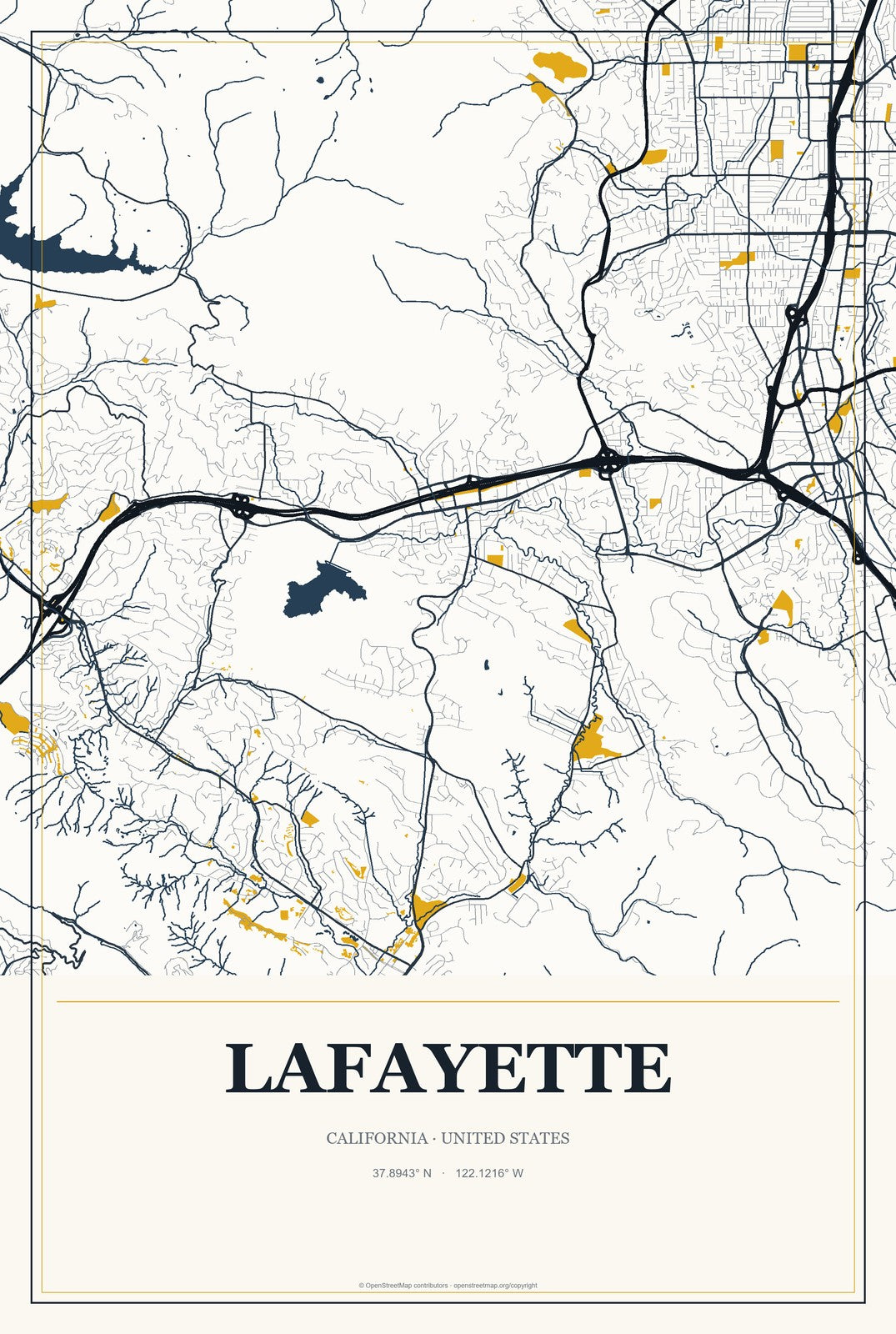 Lafayette, California City Map Aluminum Sign in Citrine Modern style