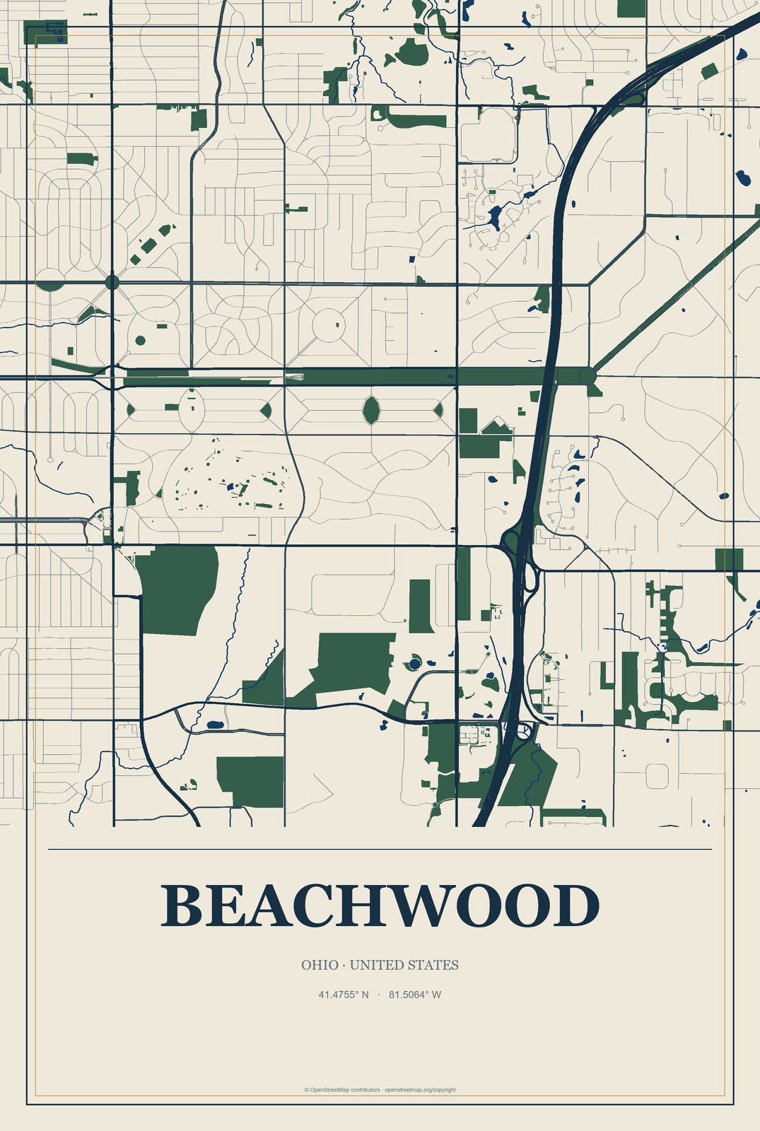 Beachwood, Ohio City Map Aluminum Sign in Coastal Cutout style