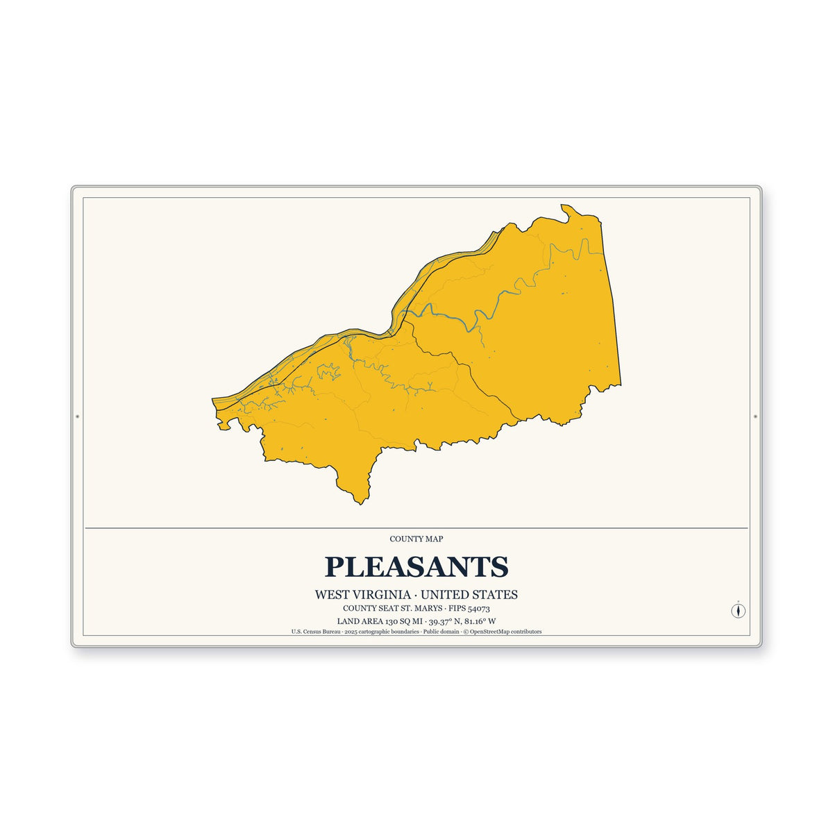 Pleasants County, West Virginia Map Aluminum Sign in Citrine Modern style