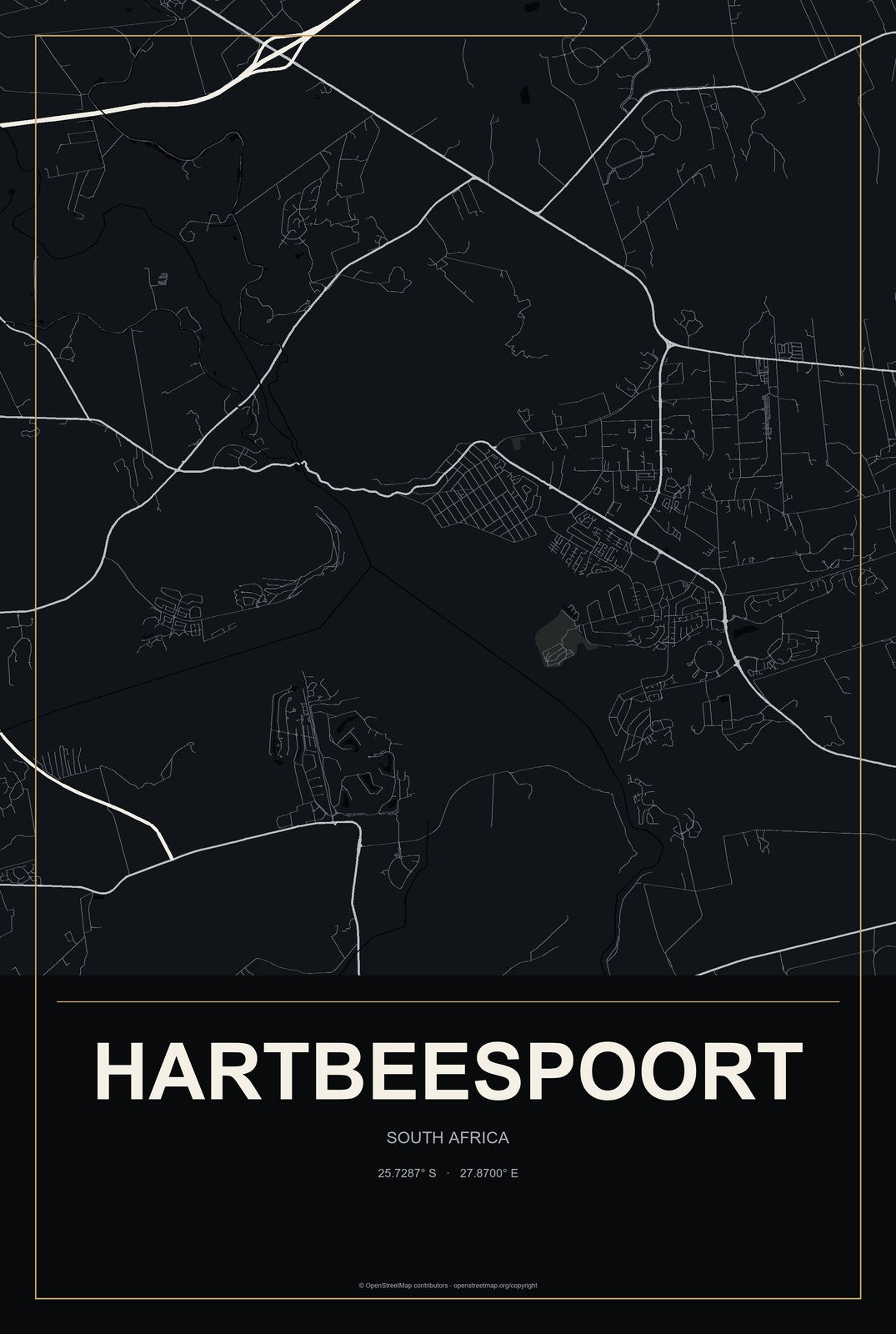 Hartbeespoort, South Africa City Map Aluminum Sign in Metropolitan Noir style