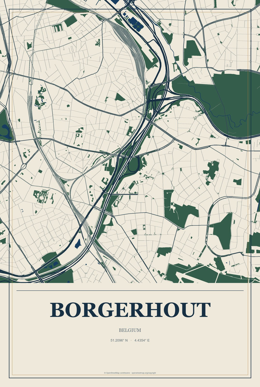 Borgerhout, Belgium City Map Aluminum Sign in Coastal Cutout style