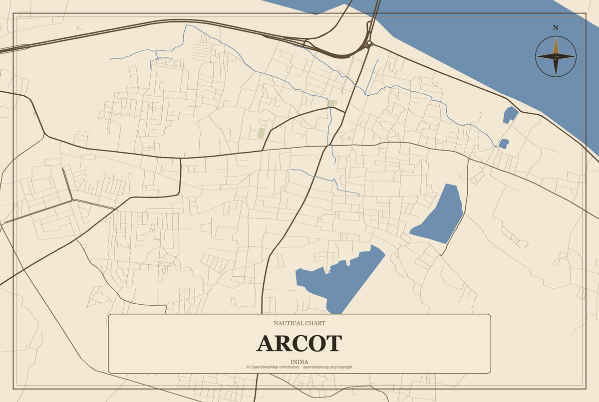 Arcot, India City Map Aluminum Sign in Heritage Nautical style