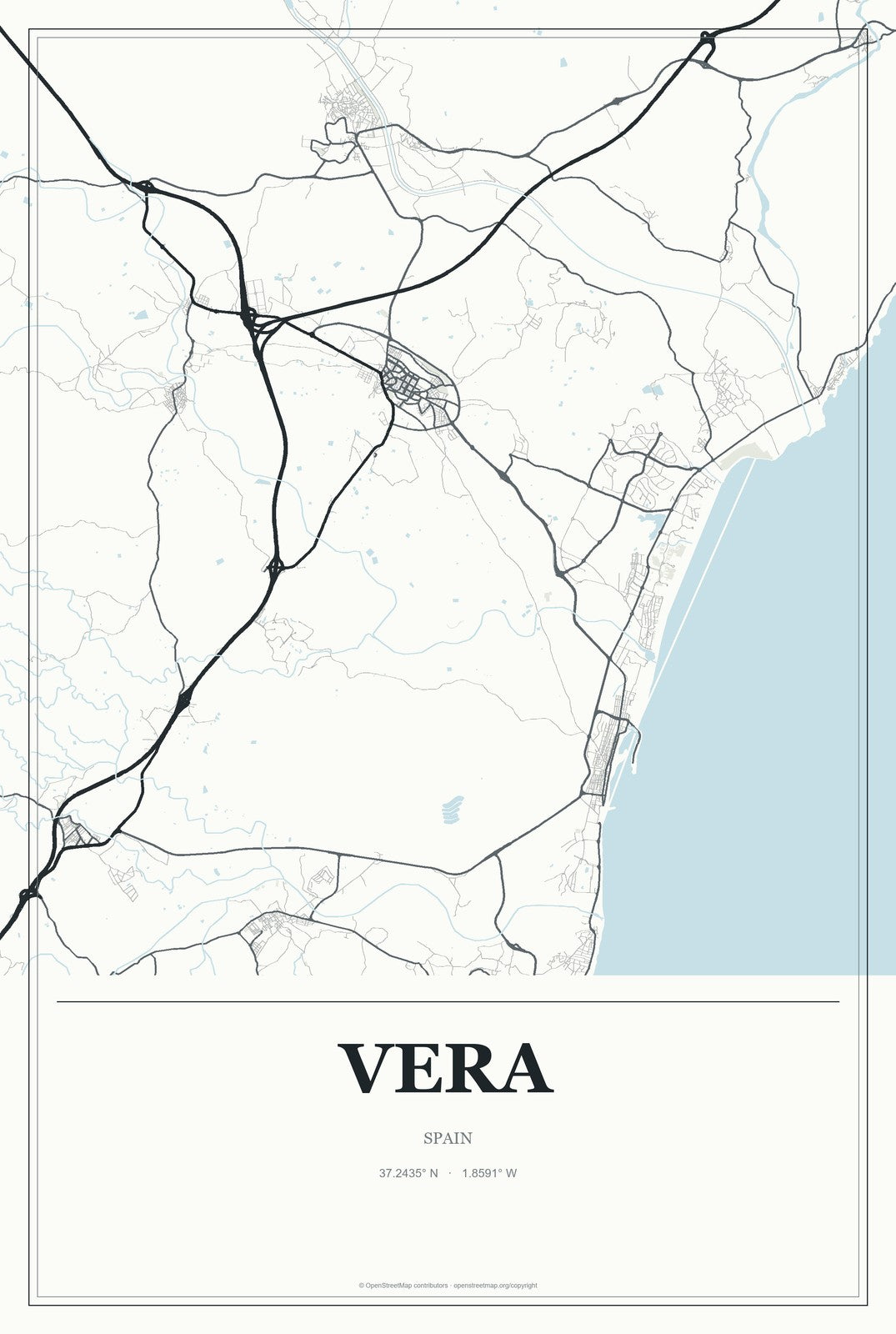 Vera, Spain City Map Aluminum Sign in Gallery Air style