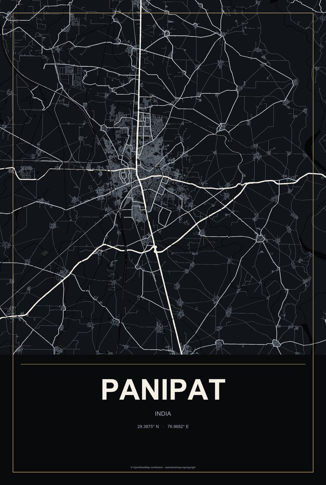 Panipat, India City Map Aluminum Sign in Metropolitan Noir style