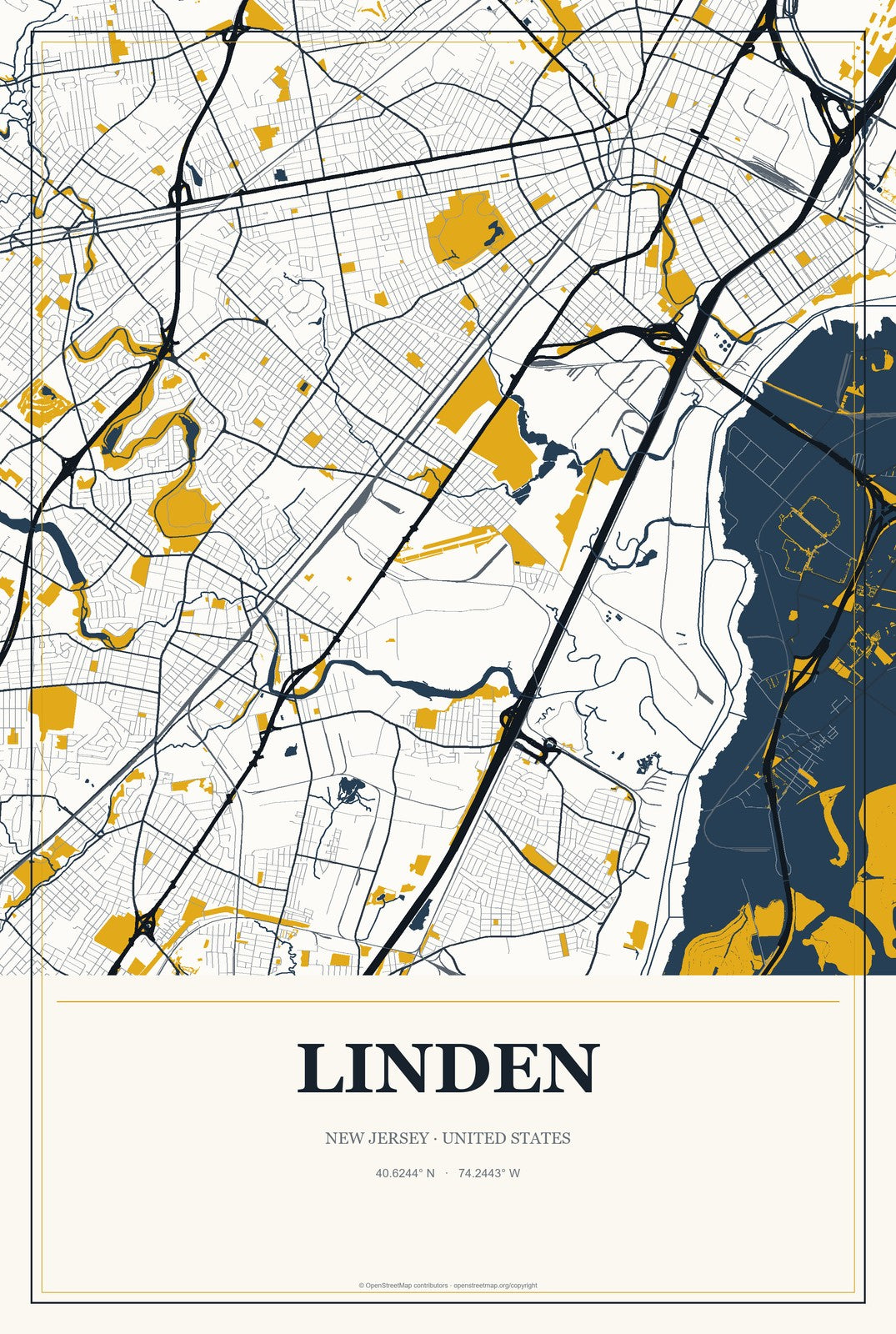 Linden, New Jersey City Map Aluminum Sign in Citrine Modern style