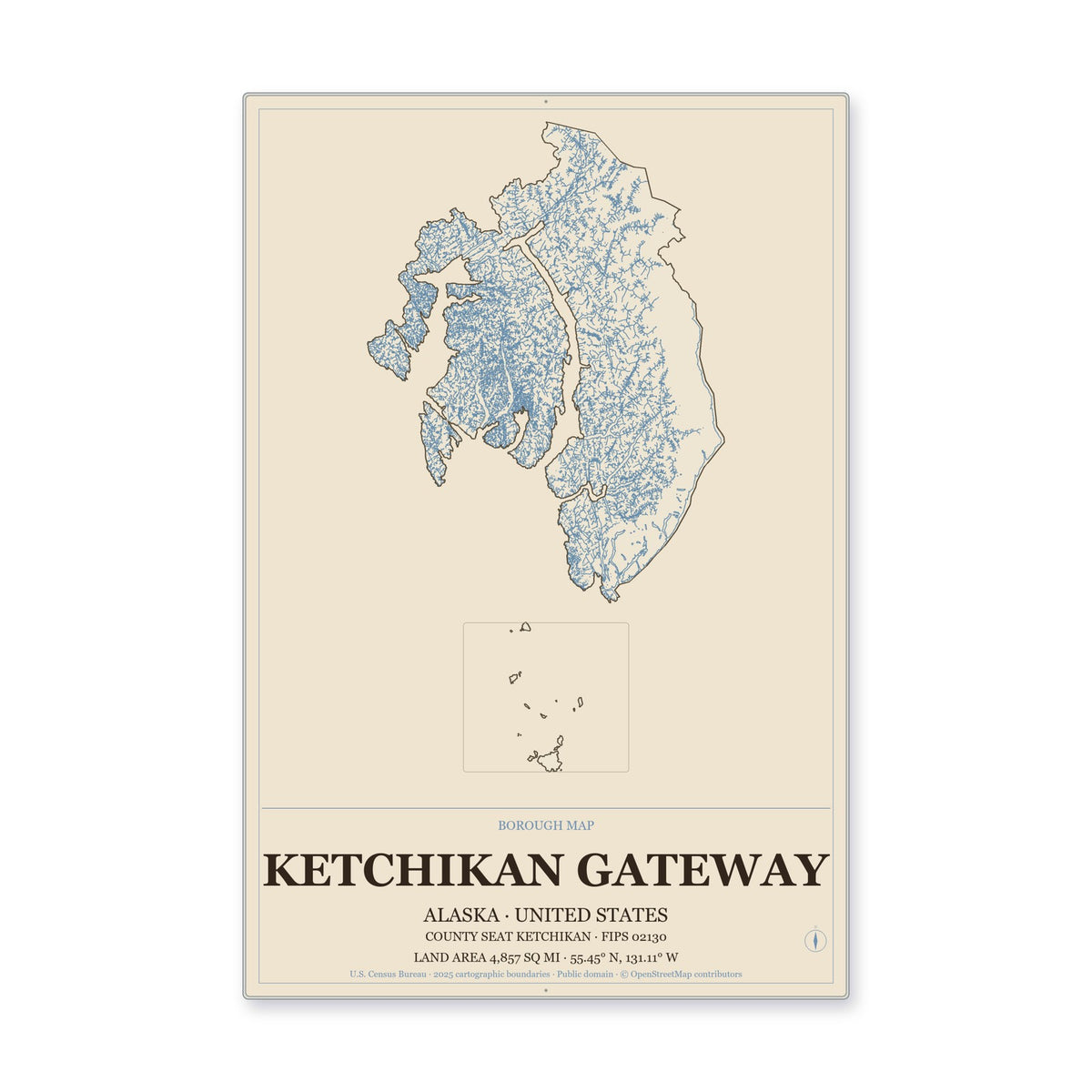 Ketchikan Gateway Borough, Alaska Map Aluminum Sign in Heritage Nautical style