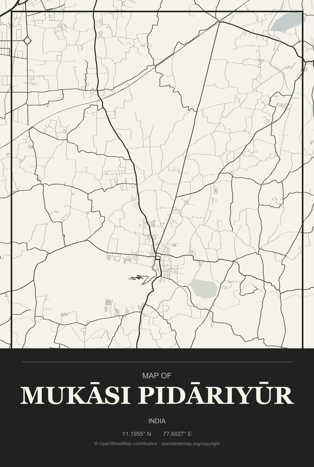 Mukāsi Pidāriyūr, India City Map Aluminum Sign in Museum Plaque style