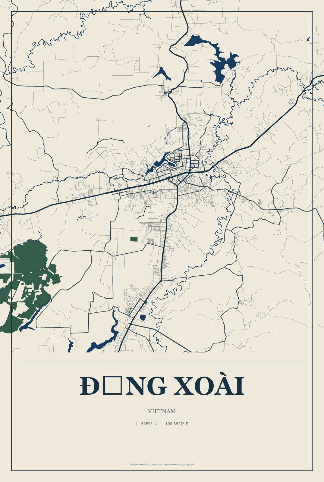 Đồng Xoài, Vietnam City Map Aluminum Sign in Coastal Cutout style