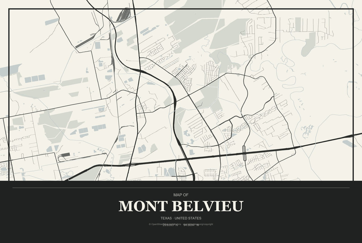 Mont Belvieu, Texas City Map Aluminum Sign in Museum Plaque style