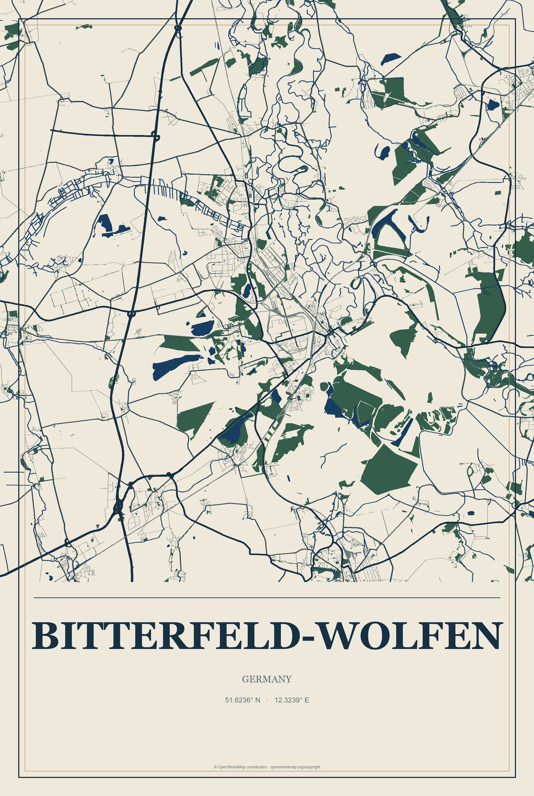 Bitterfeld-Wolfen, Germany City Map Aluminum Sign in Coastal Cutout style