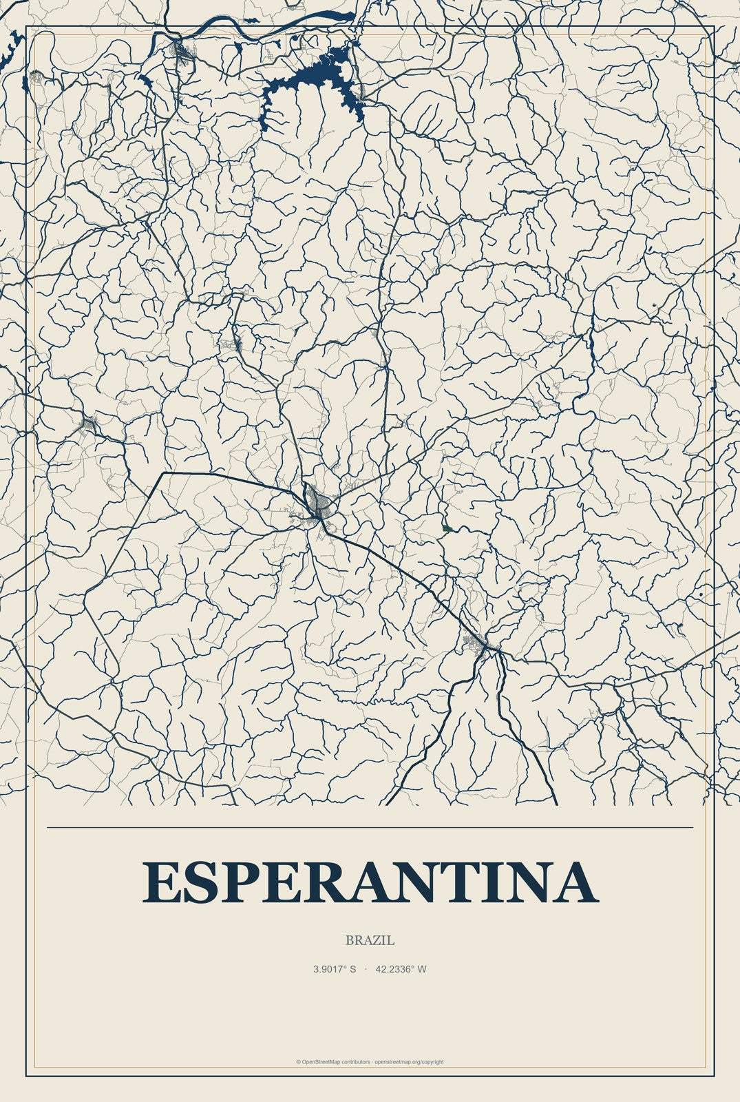 Esperantina, Brazil City Map Aluminum Sign in Coastal Cutout style
