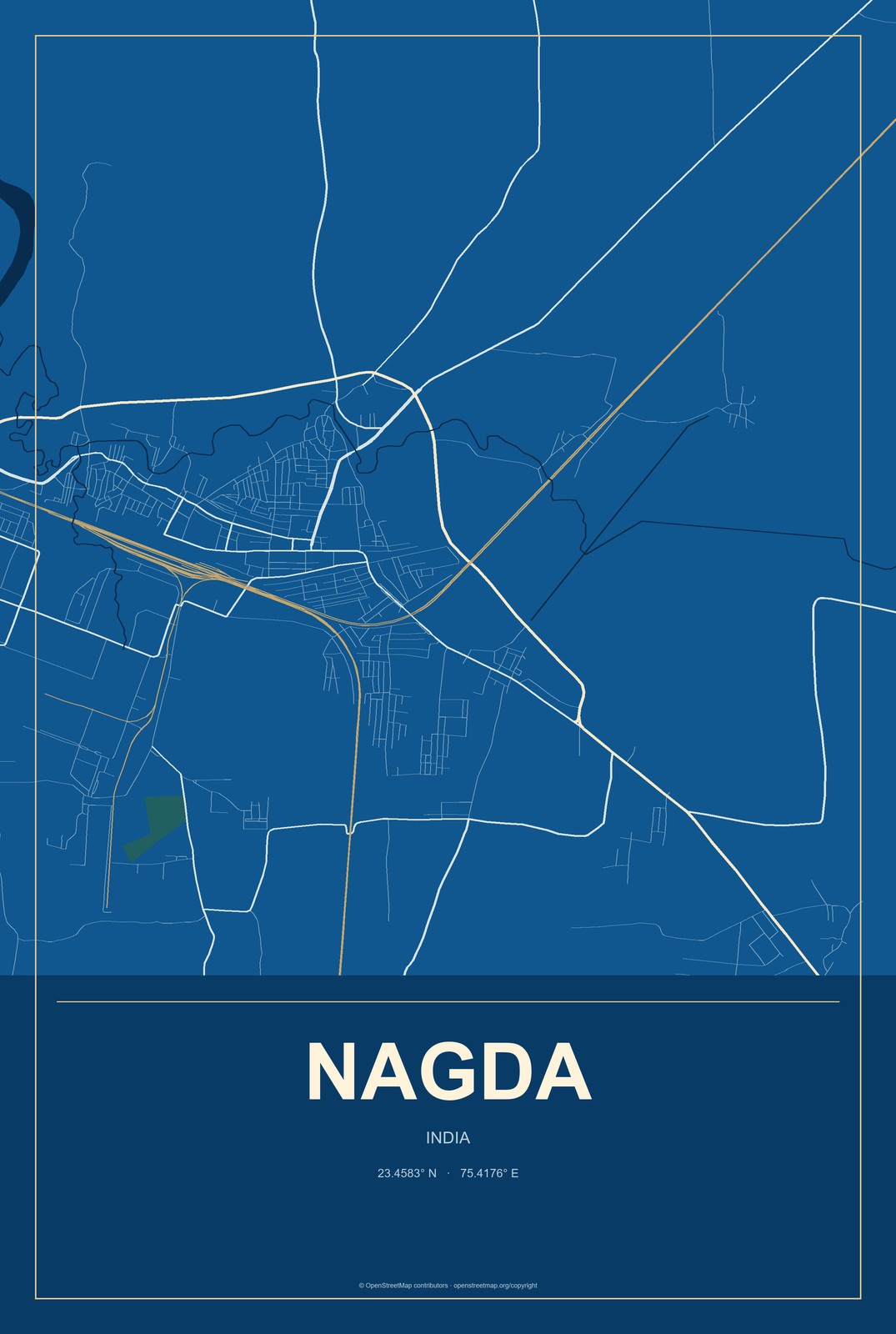 Nagda, India City Map Aluminum Sign in Harbor Cobalt style