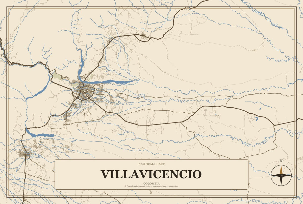 Villavicencio, Colombia City Map Aluminum Sign in Heritage Nautical style