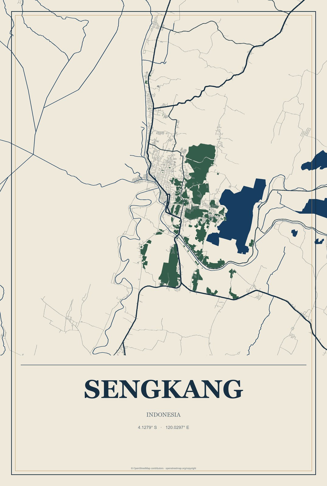 Sengkang, Indonesia City Map Aluminum Sign in Coastal Cutout style