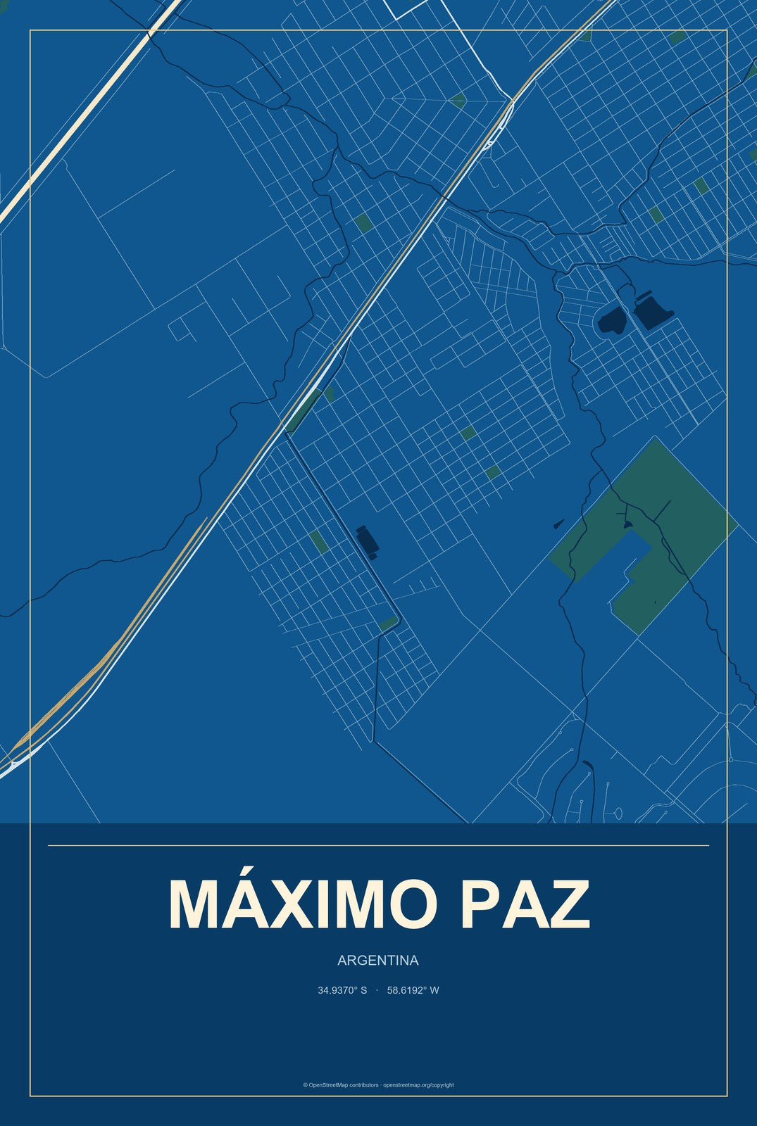 Máximo Paz, Argentina City Map Aluminum Sign in Harbor Cobalt style