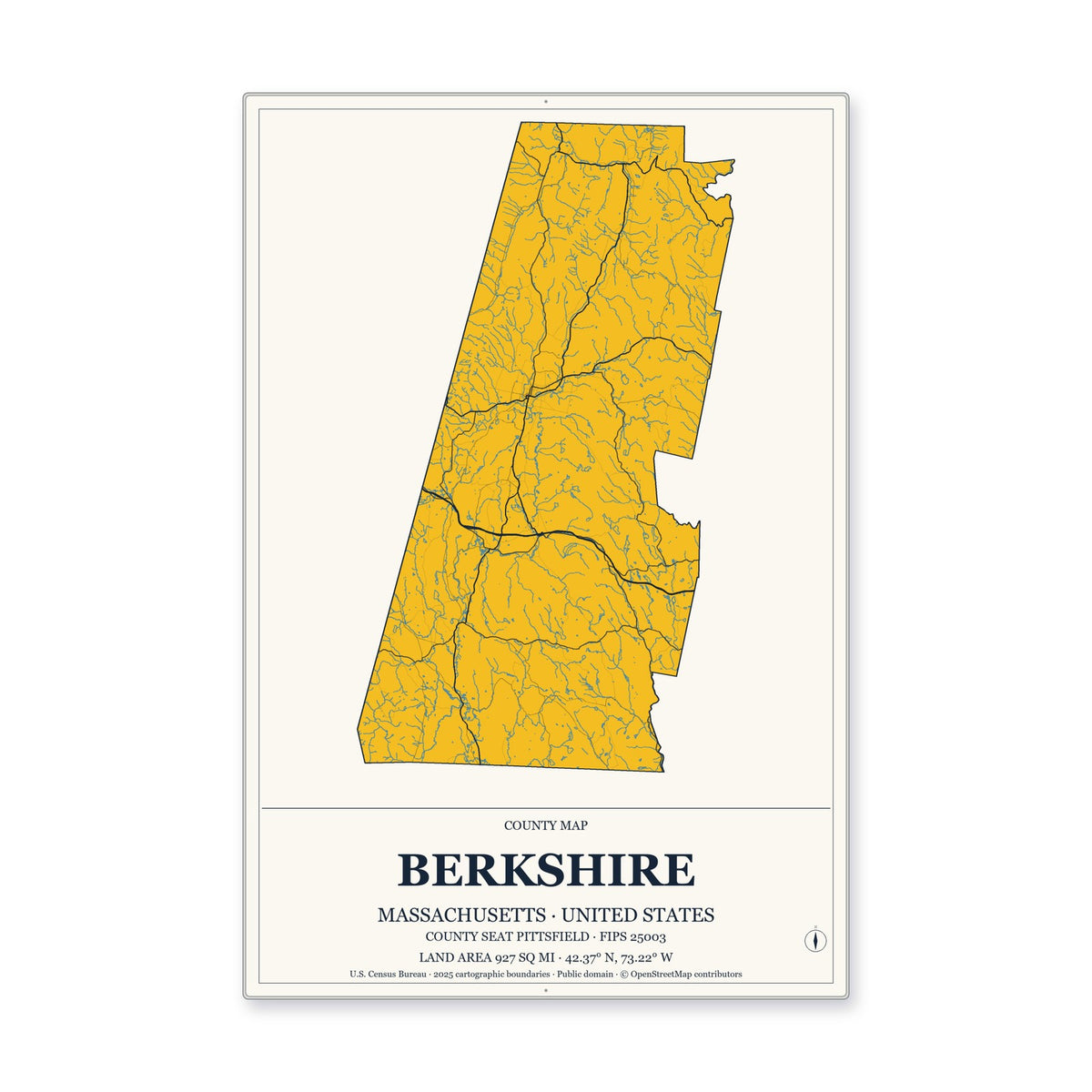 Berkshire County, Massachusetts Map Aluminum Sign in Citrine Modern style