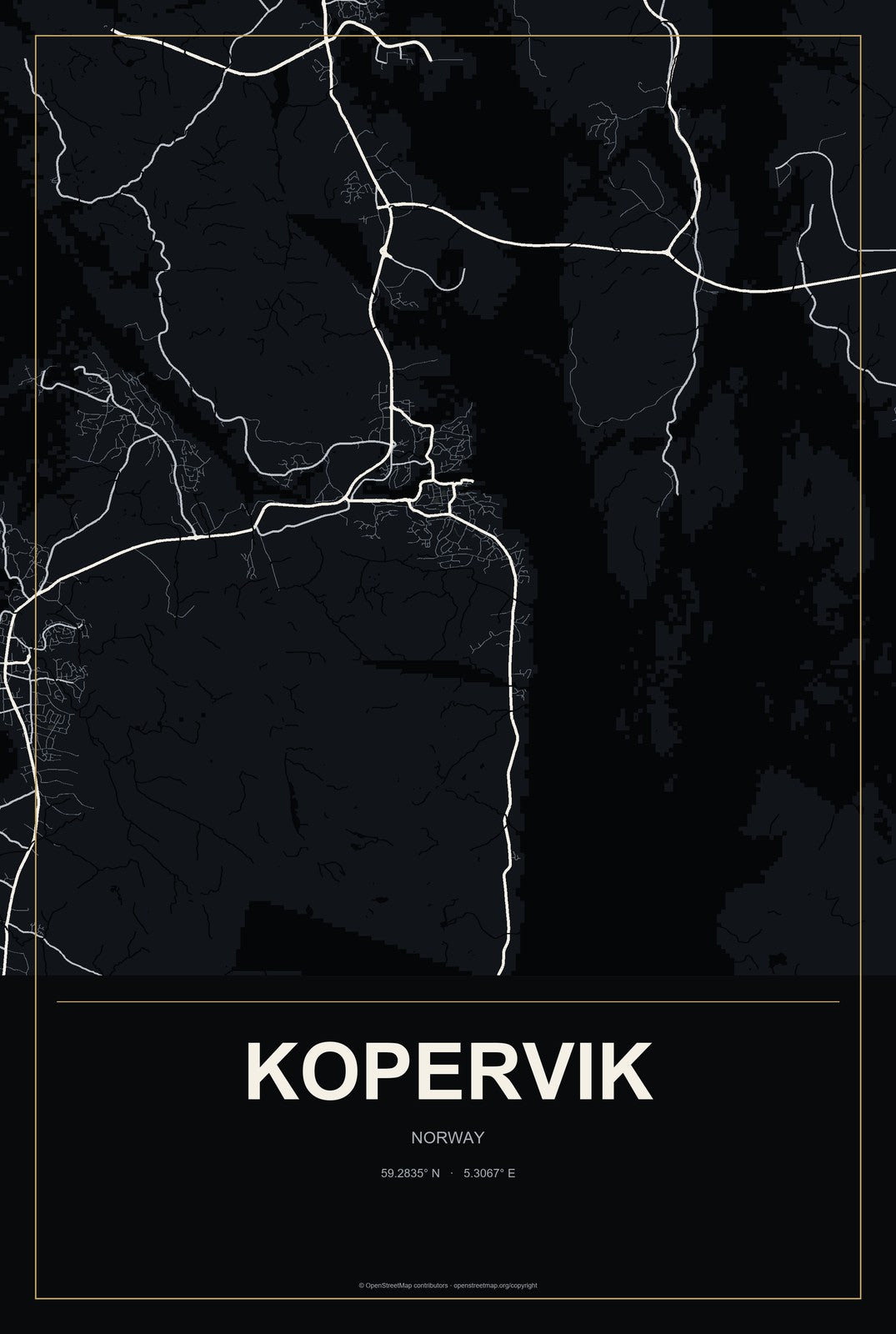 Kopervik, Norway City Map Aluminum Sign in Metropolitan Noir style