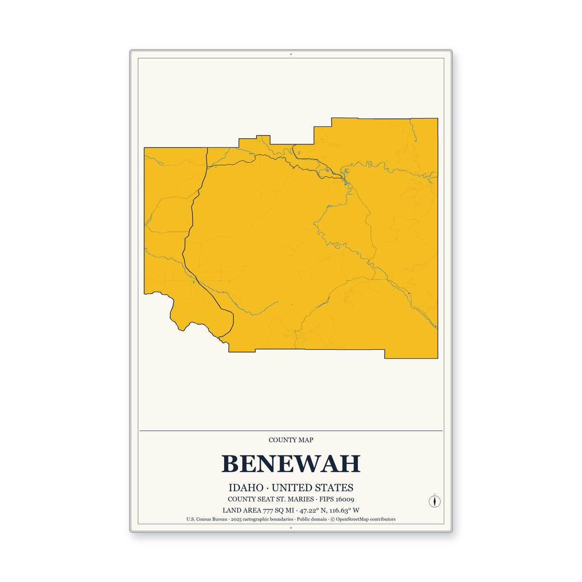 Benewah County, Idaho Map Aluminum Sign in Citrine Modern style